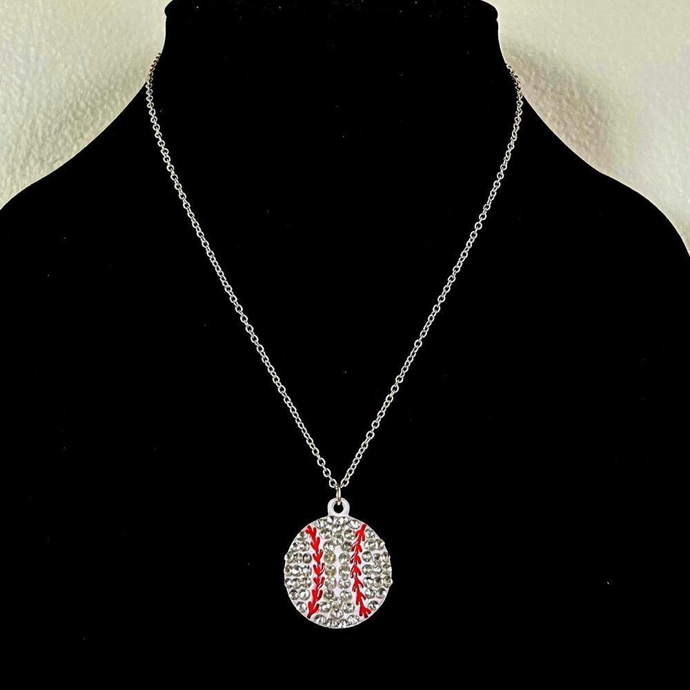 Vintage Bedazzled Baseball Necklace w/ a Silver Chain